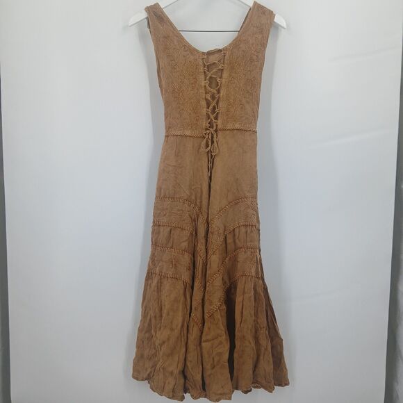 Scully Dresses & Skirts - womans scully brown tan lace up front midi dress size large boho cowgirl western